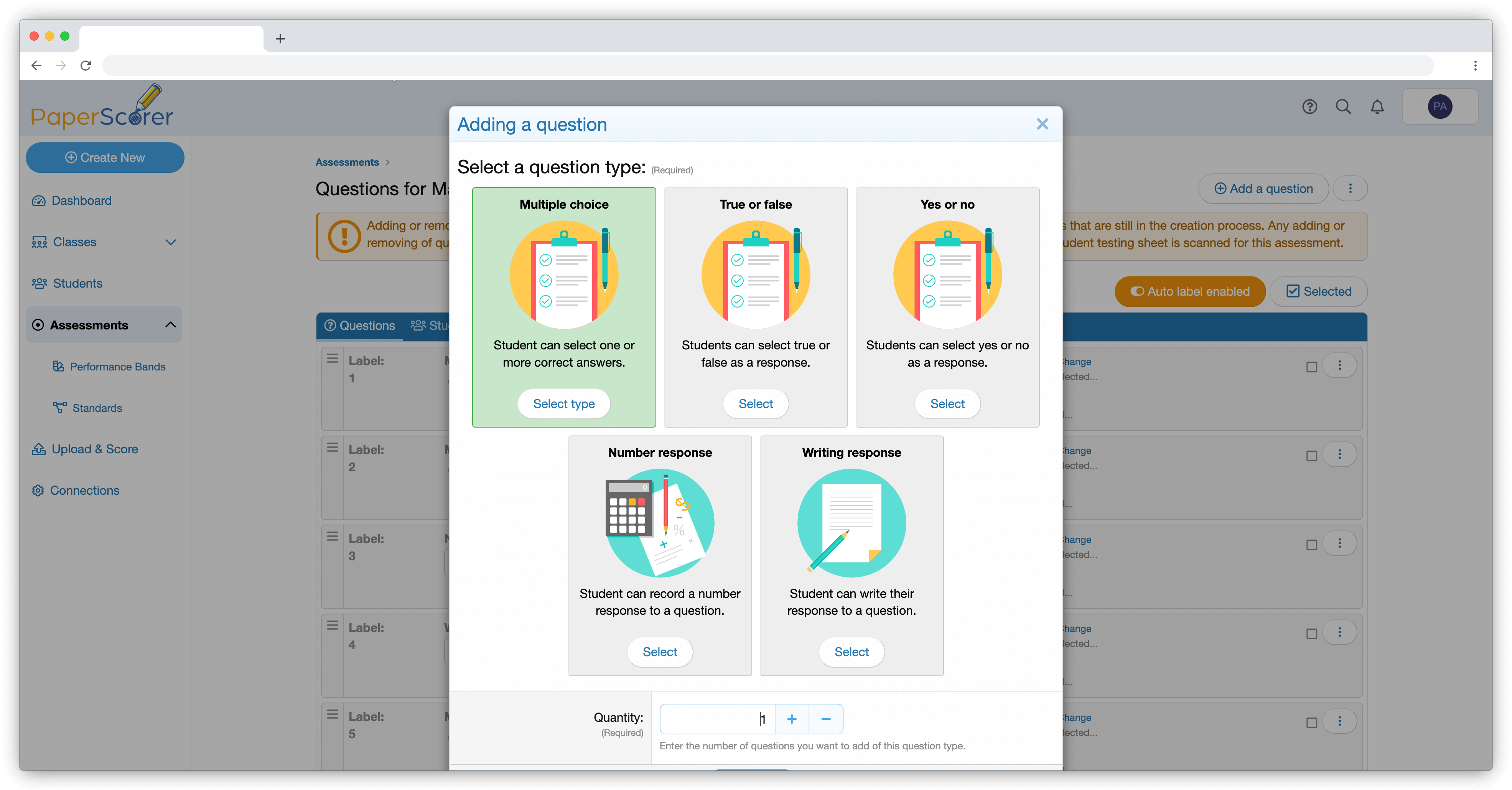 PaperScorer question types interface